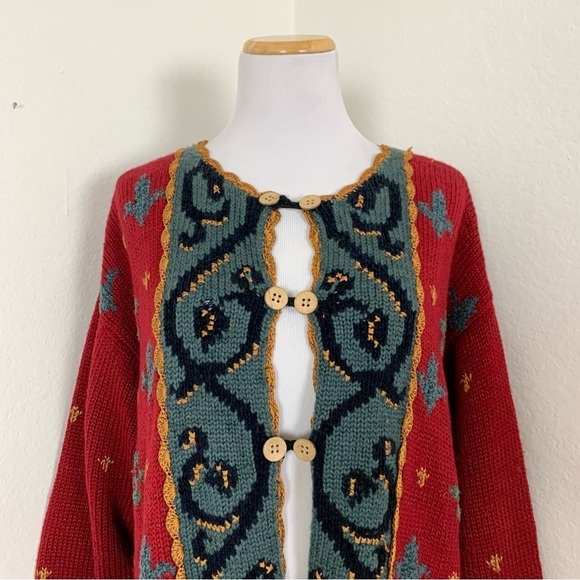Carole Little Knitwear Button Up Cardigan Sweater Women’s L Colorful Art Fleur - Picture 3 of 16